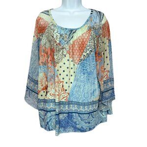 Chicos Boho Kimono Sleeve Top Womens Size 3 Blue Mix Print Lightweight Ethereal